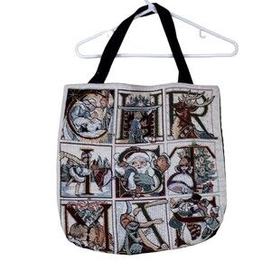 Christmas Tapestry Tote Bag Pockets Holiday Crafts Books Santa Snowman 16x16